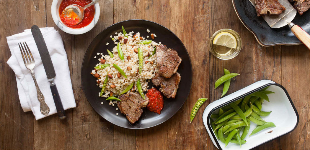 Lamb Chops with Pearl Couscous and Snap Peas