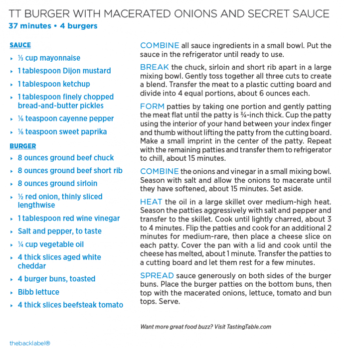 TT Burger with Macerated Onions and Secret Sauce