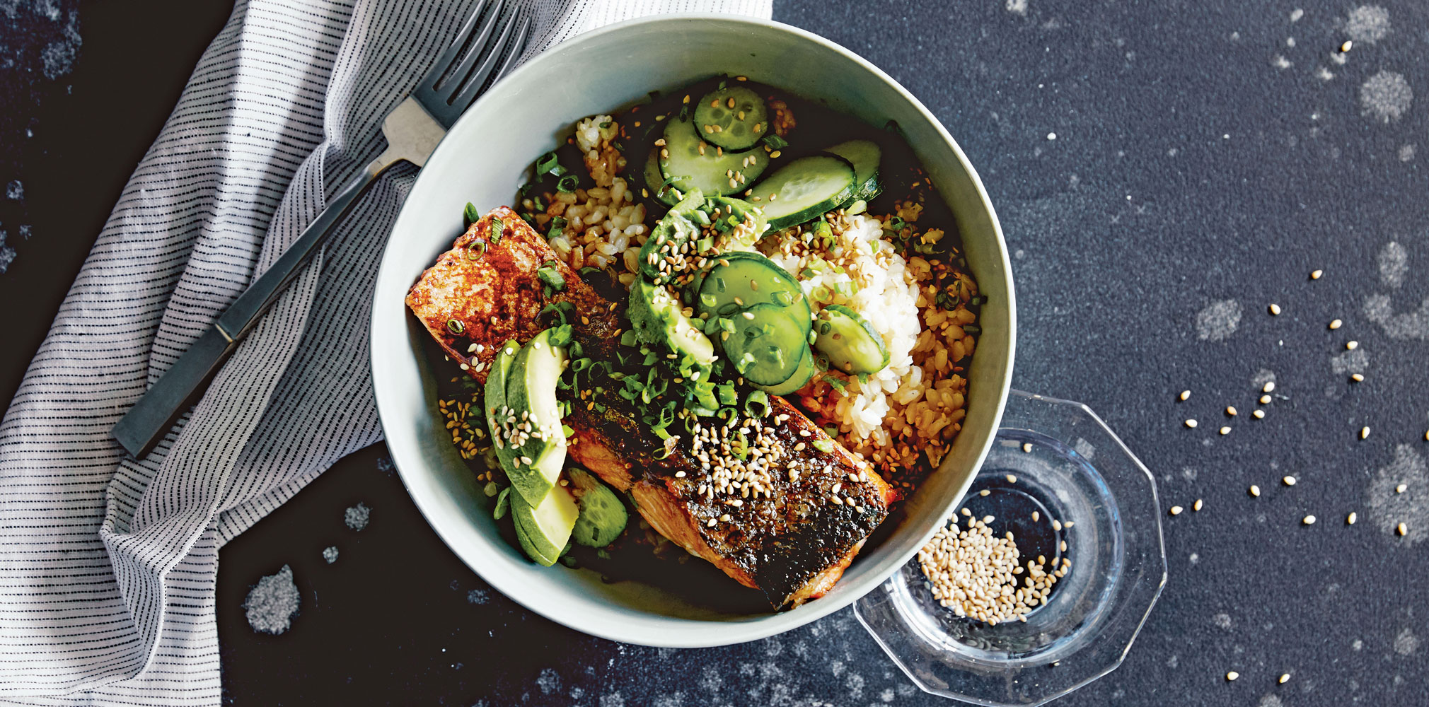 Teriyaki Salmon Rice Bowls with Cucumber and Avocado thebacklabel